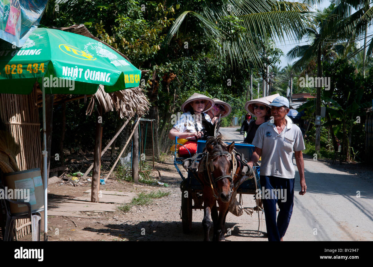 Mekong-Delta Touristen auf Pferd gezogen Wagen unterwegs unter Saigon Vietnam Stockfoto