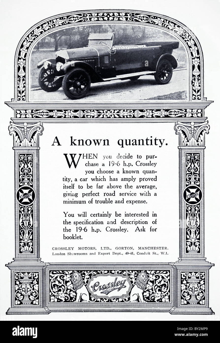 Original Werbung für Crossley Motors Ltd 19,6 h.p. Auto Manufactued von 1921 bis 1926 in Manchester England UK Stockfoto