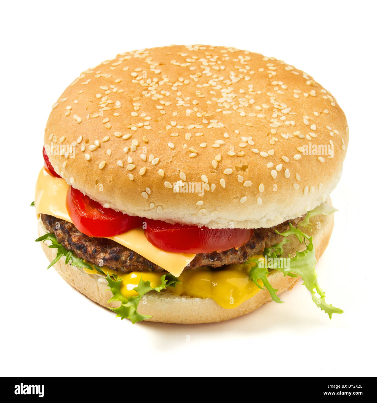 Cheeseburger und Senf in Sesam Brötchen isoliert auf weiss ausgesät. Stockfoto