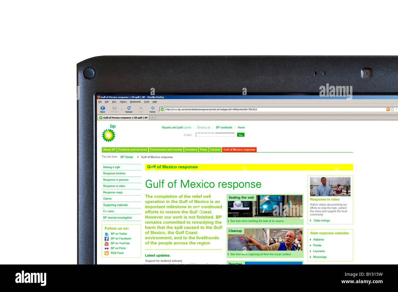 Die BP-Website skizziert die Antwort auf den Golf von Mexiko Oil Spill in 2010, UK Stockfoto