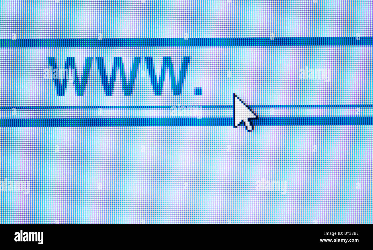 Cursor durch Www-Symbol auf dem Computerbildschirm Stockfoto