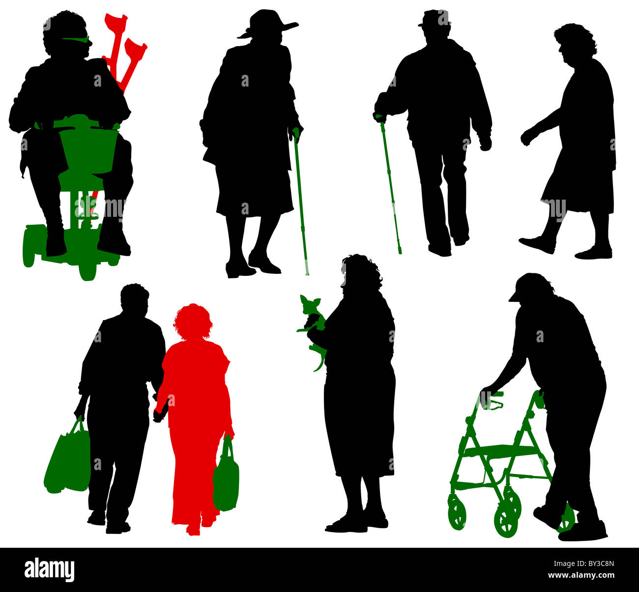 Silhouette von alten und behinderten Menschen. Stockfoto