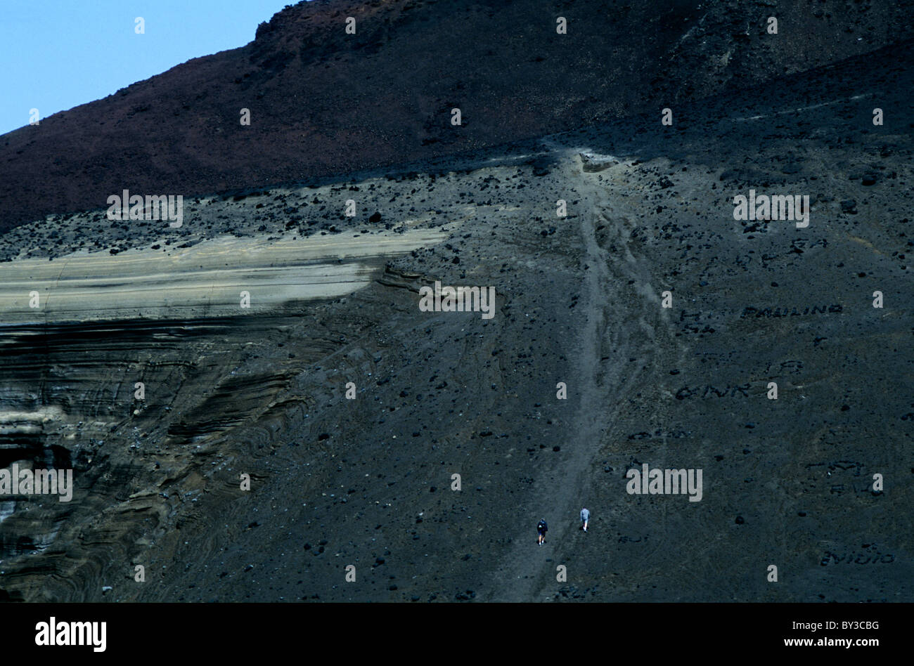 Zwei Wanderer, die Skalierung des vulkanischen Berges am Capelinhos, gebildet durch einen Vulkanausbruch auf Faial Insel der Azoren Stockfoto