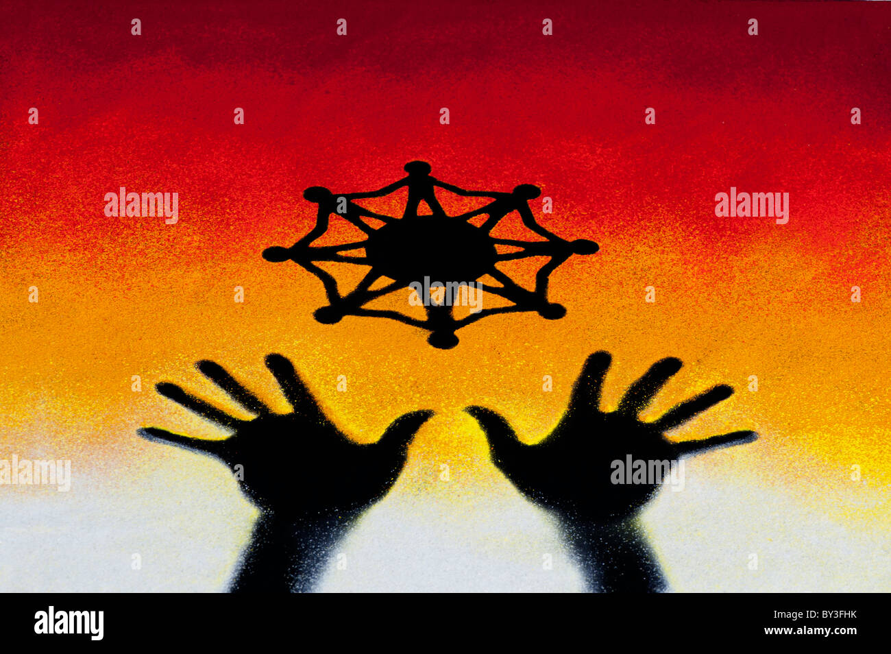 Eine Welt Einheit Symbol über der schwarzen Hand druckt mit bunten Sonnenuntergang farbige Pulver hergestellt. Indien Stockfoto