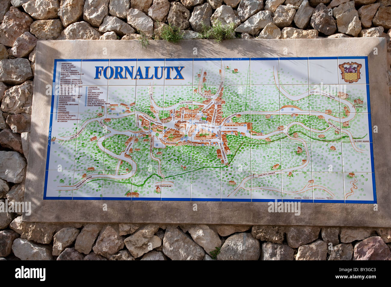 Fornalutx Plan Straßenschild in Mallorca, Spanien Stockfoto