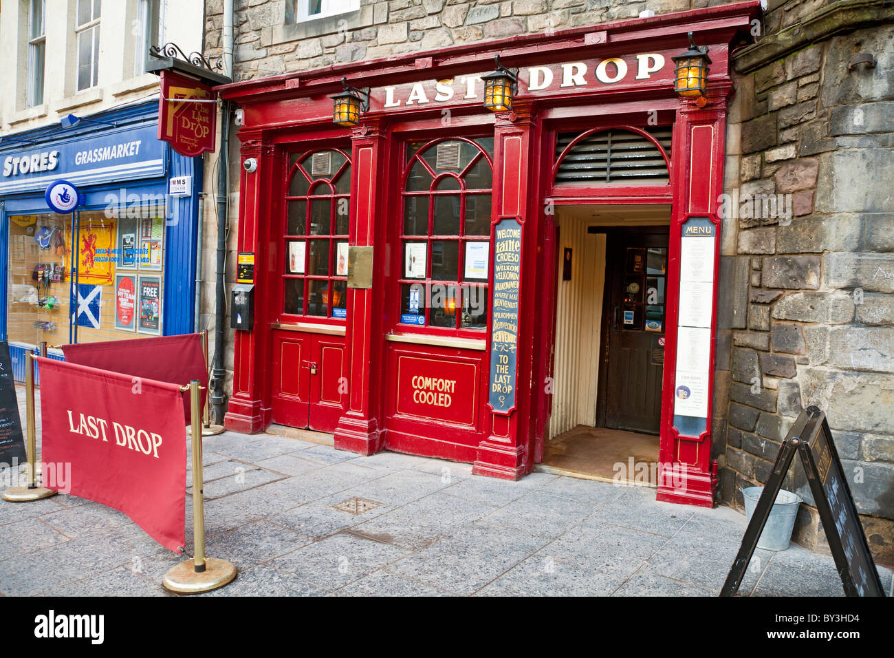 Das Last Drop Public House, Grassmarket, Edinburgh, wo der Scharfrichter traditionell nahm verurteilte Männer für ihre letzten Drink. Stockfoto