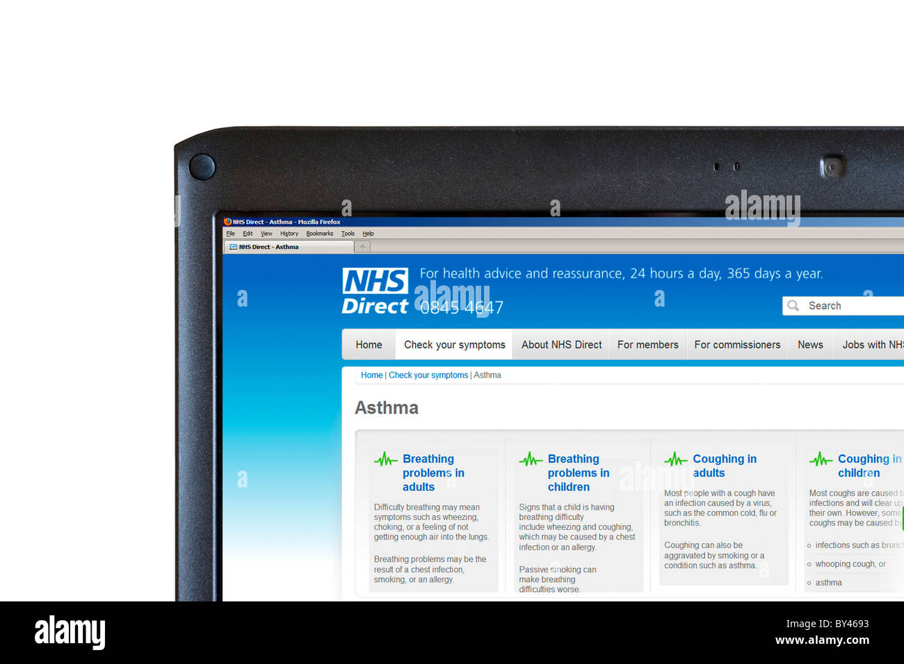 Blick auf Symptome auf der Website der NHS Direct UK Stockfoto