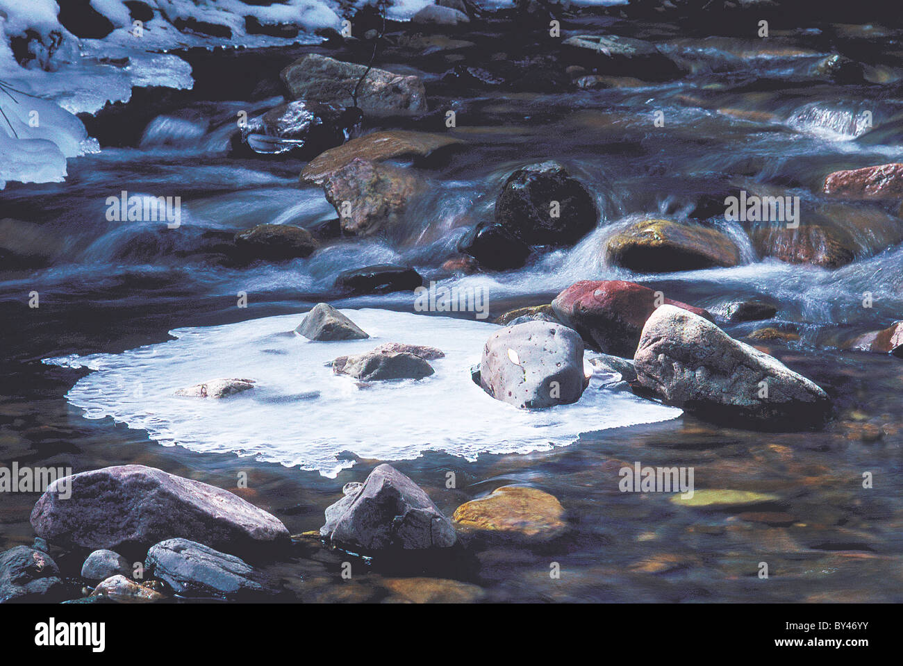 ein Blatt Spitzen wie Eis ruht auf plätschernde Wasser und bunten Felsen. Stockfoto