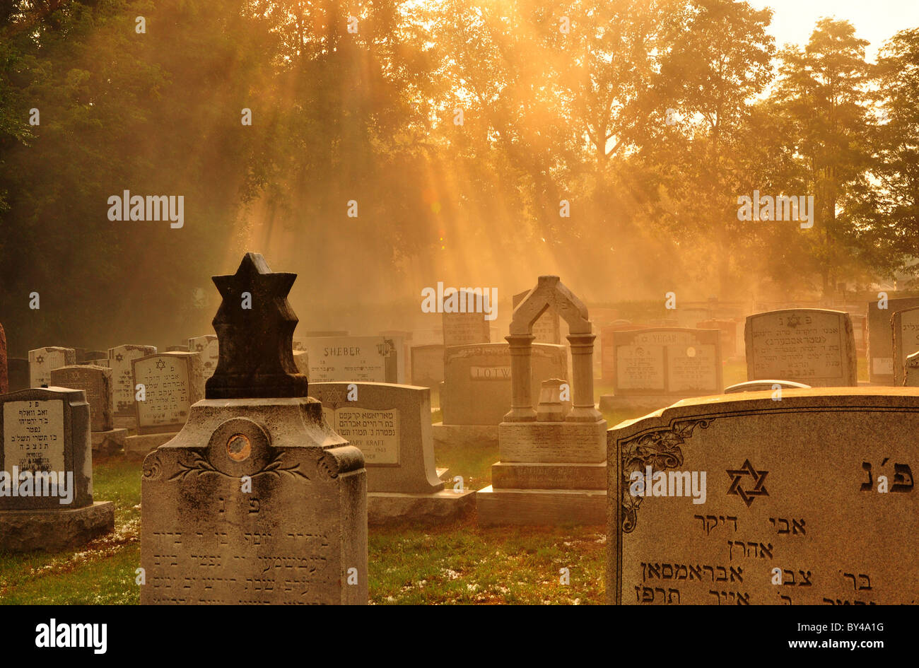Strahlen der Sonne nach einem Hagelsturm auf einem jüdischen Friedhof, Albany New York. Stockfoto