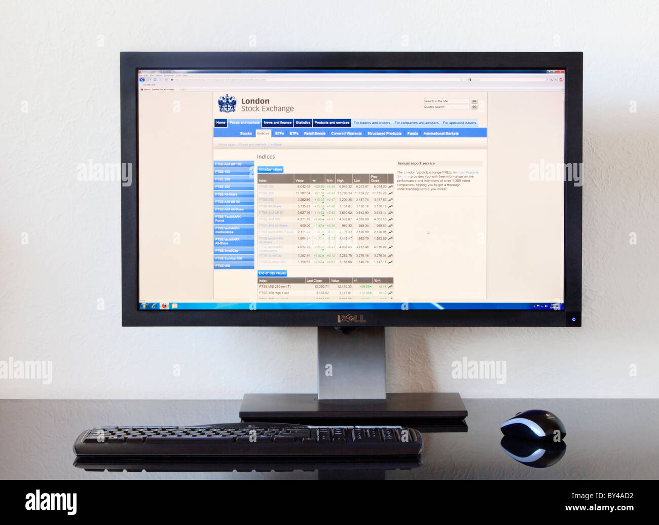 London Stock Exchange Website zeigt FTSE Werte. Stockfoto