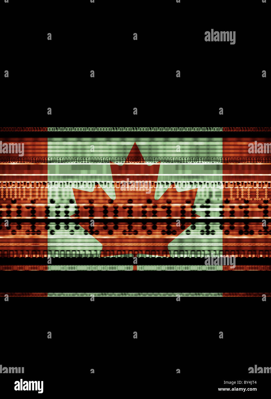 die kanadische Flagge gemischt mit Datenströmen, die Daten, Staatssicherheit, Websicherheit und Regierung Stockfoto