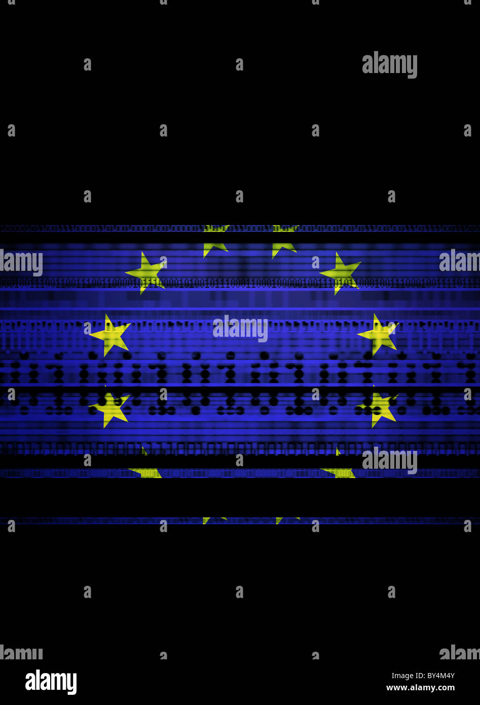 Die europäische Flagge gemischt mit einer Illustration von Binär-Code, Daten, Sicherheit, Internet, globale Telekommunikation darstellt Stockfoto