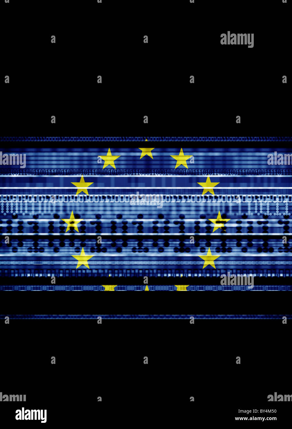 Die europäische Flagge gemischt mit einer Illustration von Binär-Code, Daten, Sicherheit, Internet, globale Telekommunikation darstellt Stockfoto