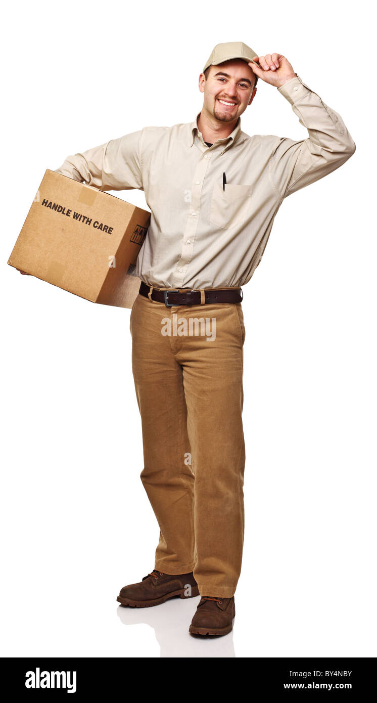freundliche Lieferung Mann isoliert auf weißem Hintergrund Stockfoto