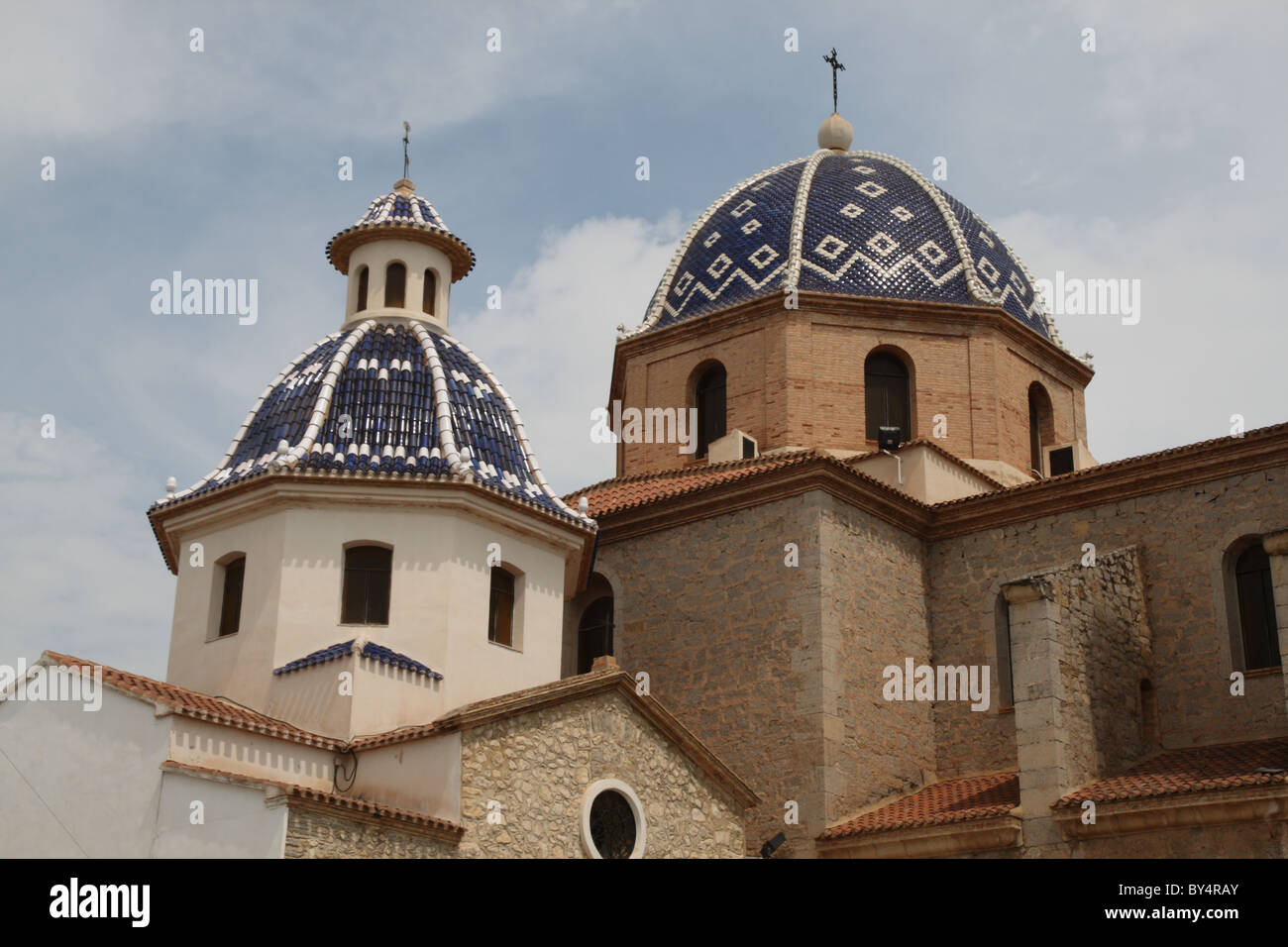 Blaue Kuppel-Kirche - Maria Trost - übergreifende der Hügel Dorf Altea an der Costa Blanca Stockfoto