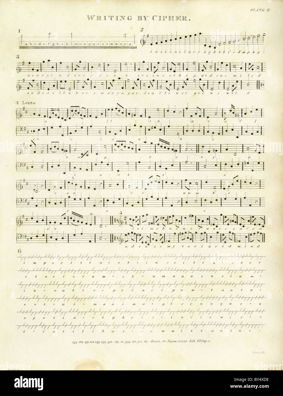 1820, Gravieren, "Schreiben von Cipher" zeigt einen musikalischen Code für ein Gedicht. Stockfoto