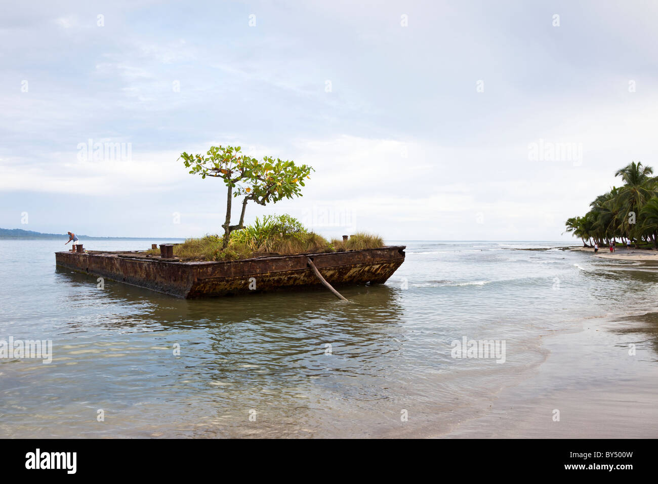 Nebligen Morgen mit Mann Angeln vom versunkenen Schiff entlang der Küste von Puerto Viejo de Talamanca in Limon Provinz Costa Rica. Stockfoto
