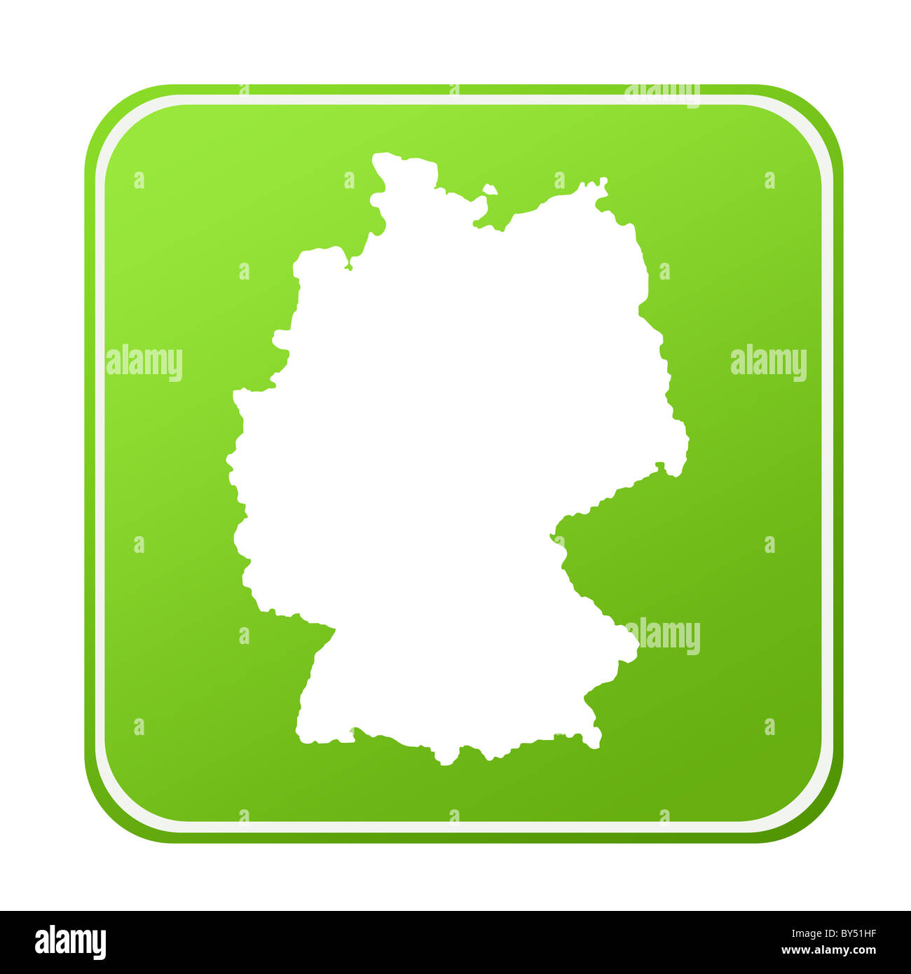 Silhouette Deutschlandkarte auf grünen Eco-Button, isoliert auf weißem Hintergrund. Stockfoto