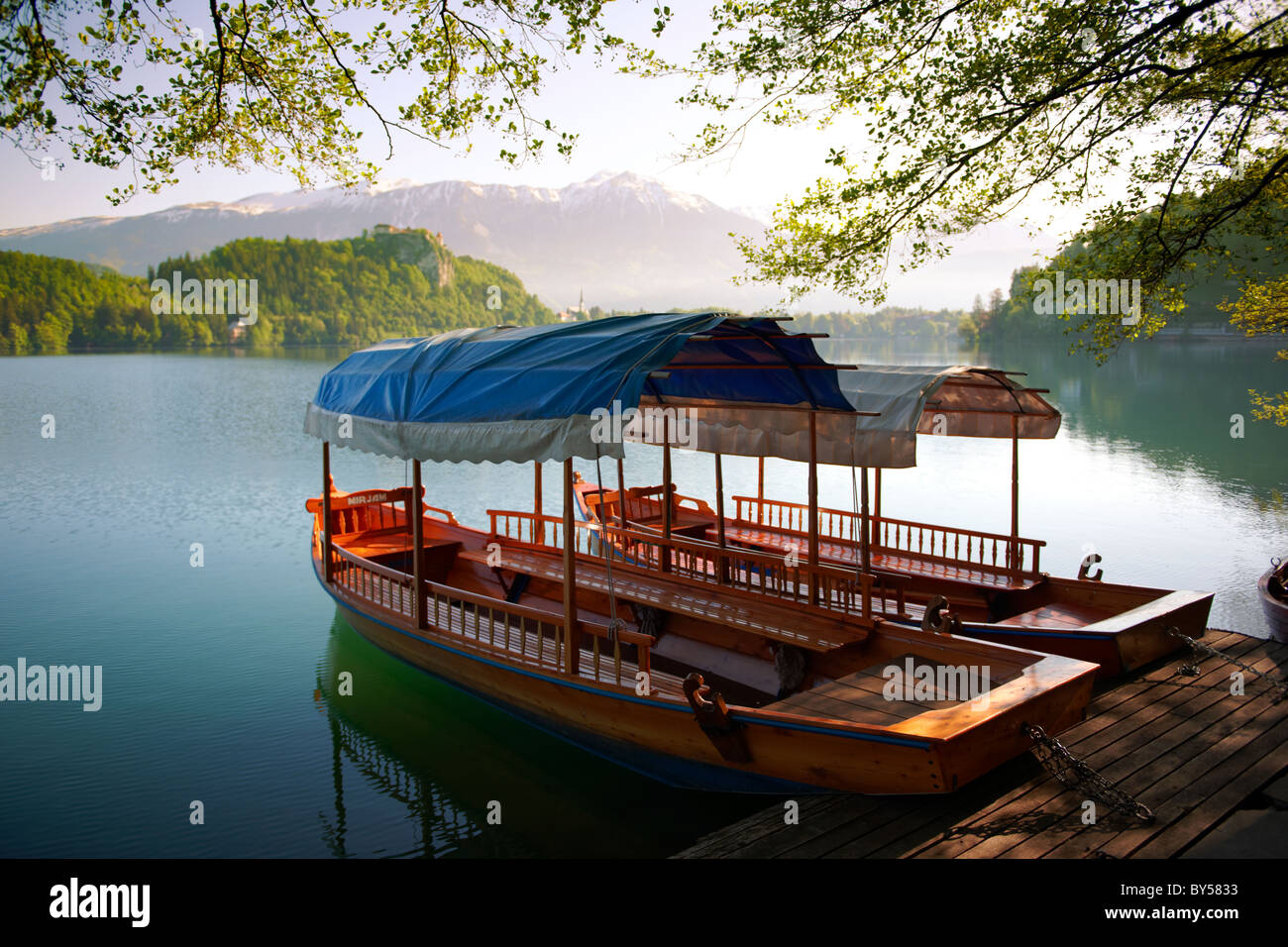Bleder See Flachboden Kahn ein Pletna genannt. . Lake Bled Slowenien. Stockfoto