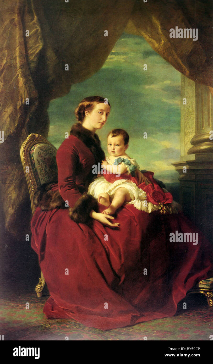 Kaiserin EUGENIE DE MONTIJO (1826-1920) Ehefrau von Napoleon III, gemalt von Franz Winterhalter 1857 mit Louis, Prince Imperial Stockfoto