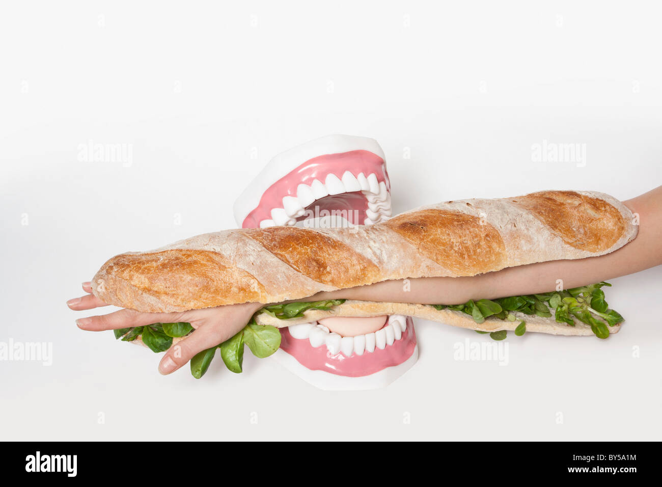 Ein u-Boot-Sandwich mit einem menschlichen Arm es gebissen falsche Zähne Stockfoto