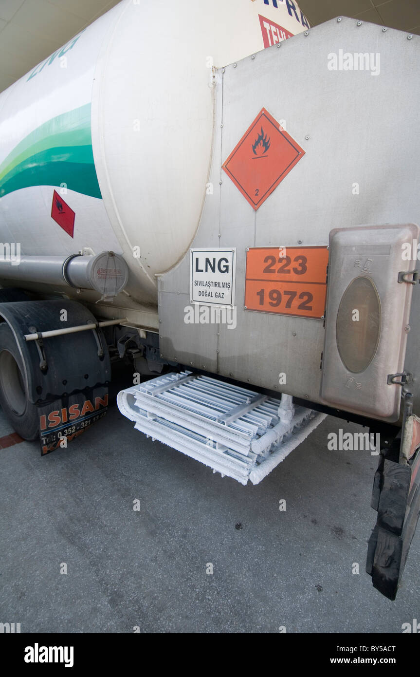LNG-Flüssiggas-Tanker Lieferung Eis bildete am Verdampfer Verdunstung Kälte Kühlung Effekt Refill Nachfüllen Lagertanks Stockfoto