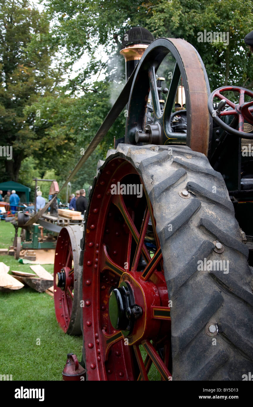 Dampftraktor Einschalten einer Kreissäge Bressingham Steam Museum in Norfolk, England. Stockfoto