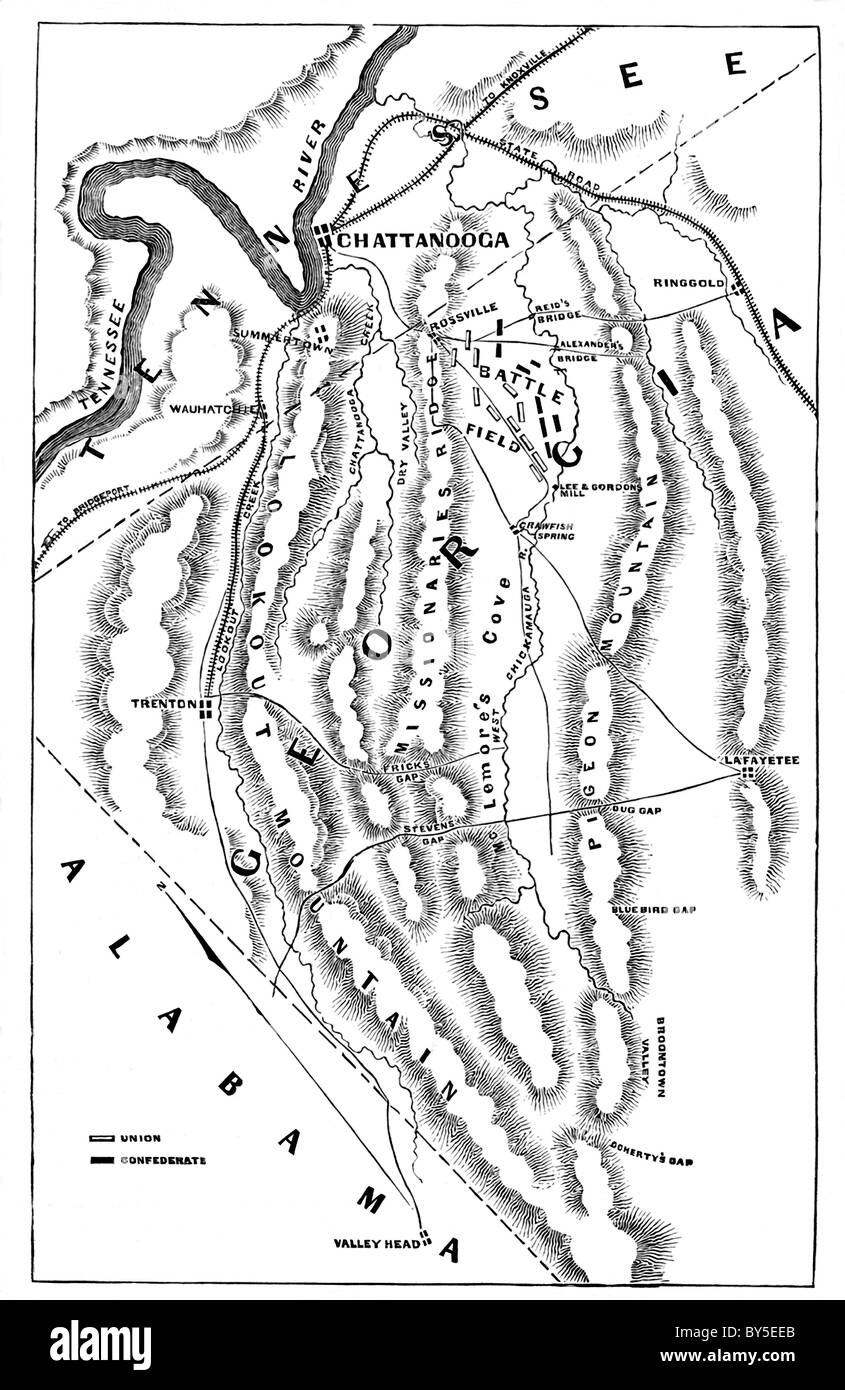 Diese Gravur des Plans Schlacht am Chickamauga im Nordwesten, Georgia, datiert 1866. Stockfoto