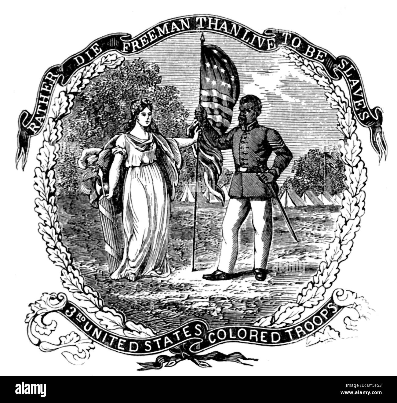 Dieser Stich zeigt das Banner der dritten farbigen US-Truppen, die für die Union im Bürgerkrieg gekämpft. Stockfoto