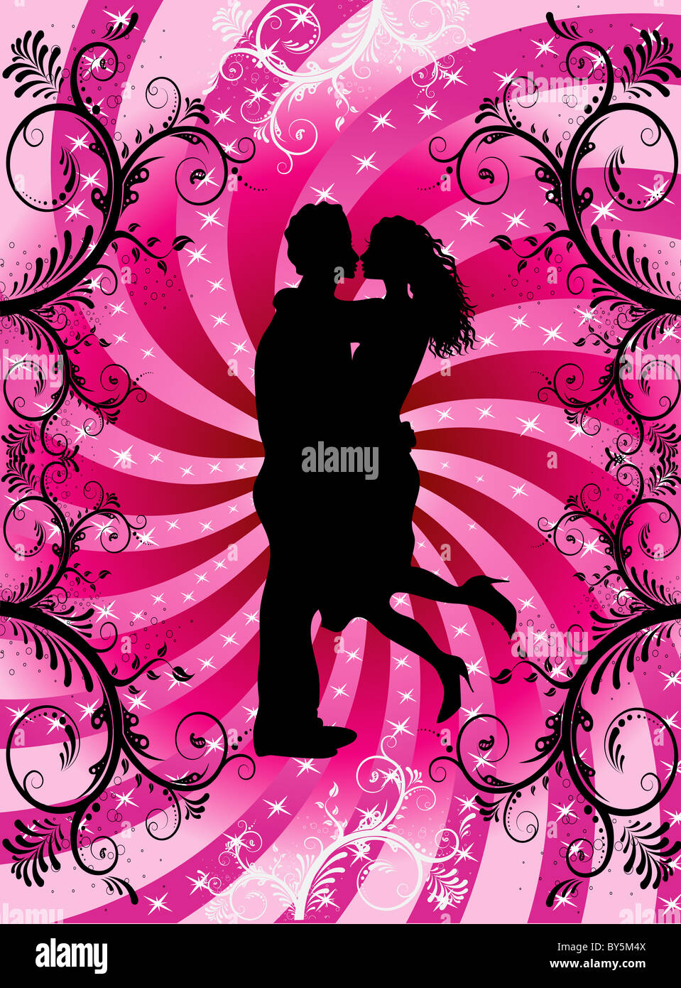 Vektor-Illustration paar Küssen auf Valentine Hintergrund mit Herzen und Schriftrollen. Stockfoto