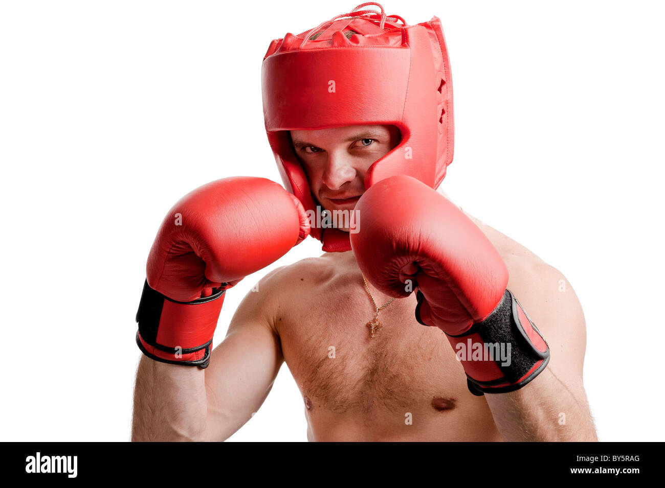 Profi-Boxer Haltung isoliert auf weißem Hintergrund Stockfoto