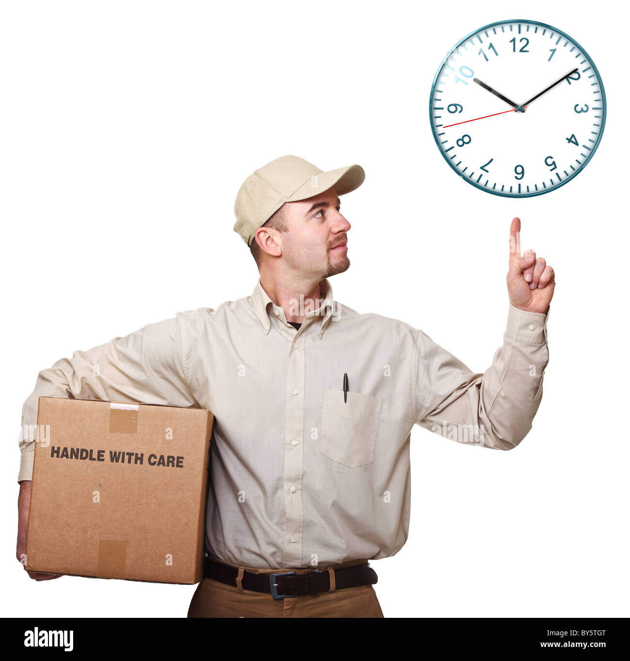 Lieferung Mann mit Paket isoliert auf weißem Punkt 3d Uhr Stockfoto