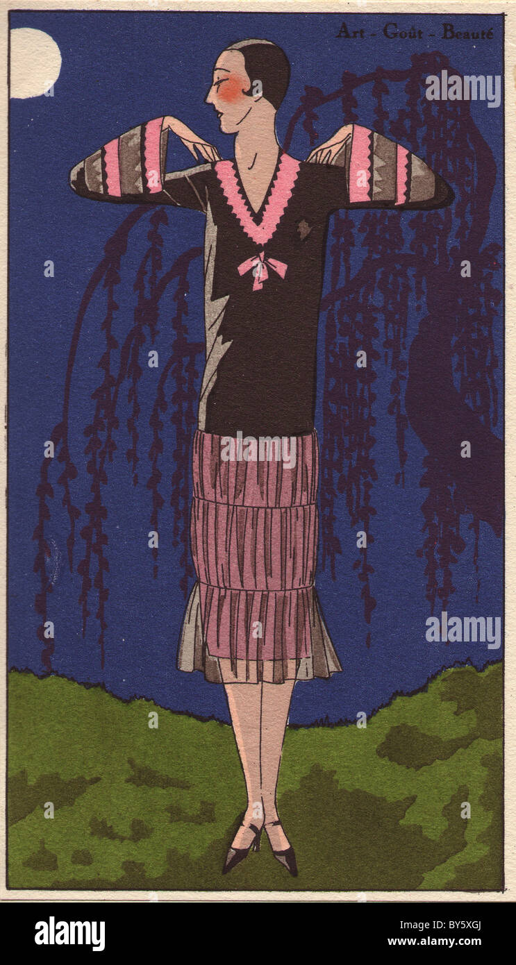 1920er Jahre Damenmode von agb: Nachmittag Kleid in schwarzem Taft und Organza mit rosa Taft eingerichtet. Stockfoto