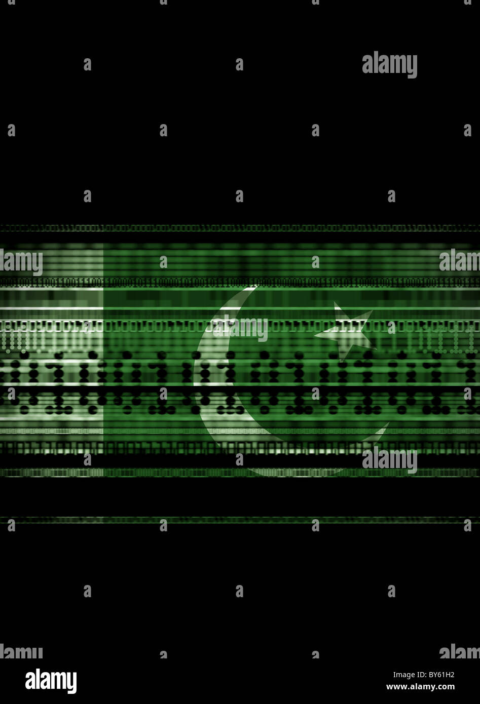 Pakistan-Flagge gemischt mit Daten-Streams, Daten und Terrorismus, nationale Sicherheit darstellt, Stockfoto