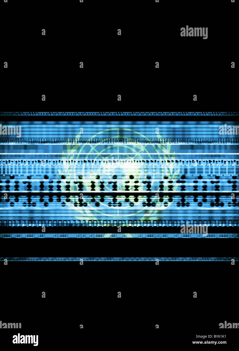 UN-Flagge mit Daten-streams für nationale Sicherheit, Terrorismus und Informationstechnologie Stockfoto