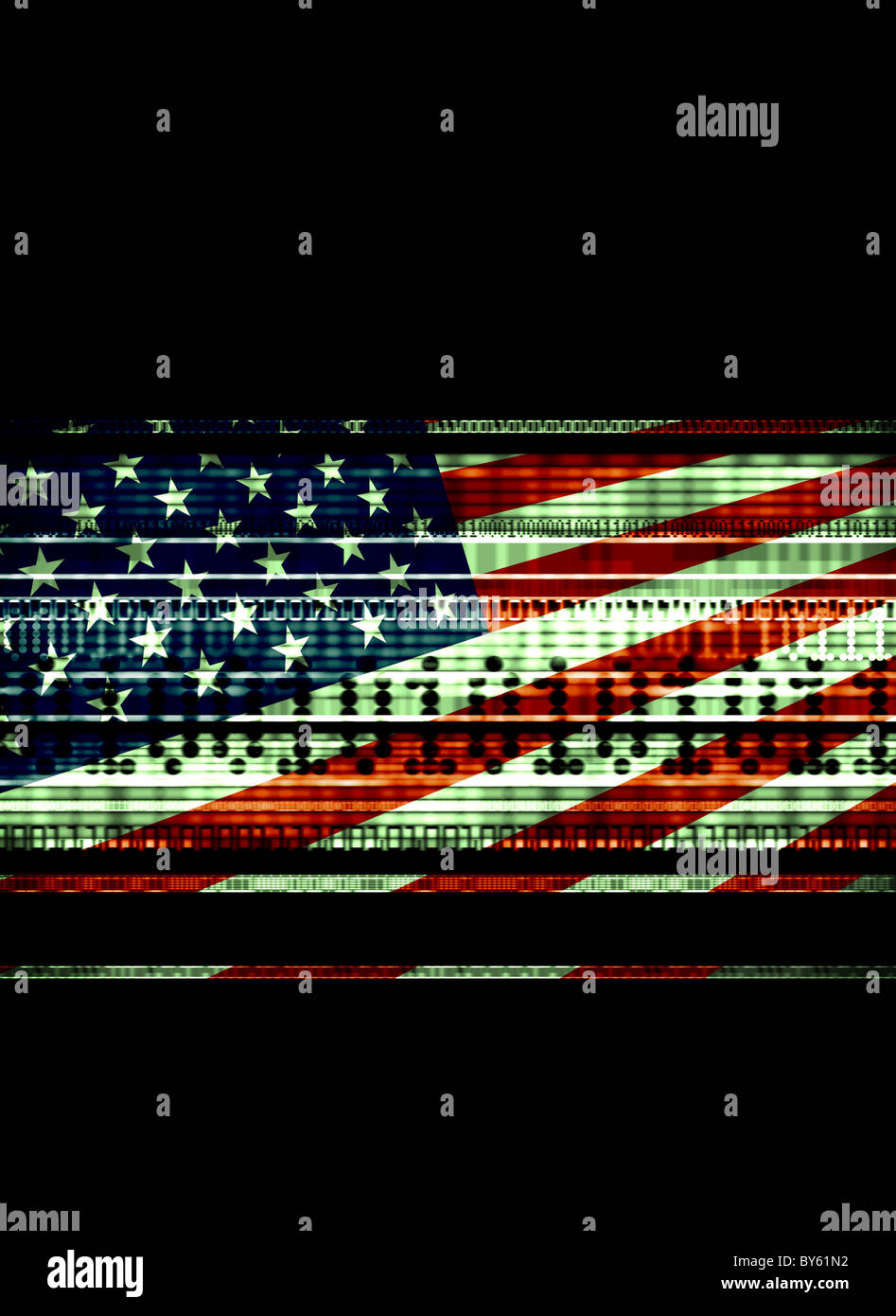 US-Flagge mit Daten-streams zur Veranschaulichung Datennutzung, nationale Sicherheit, Terrorismus Stockfoto