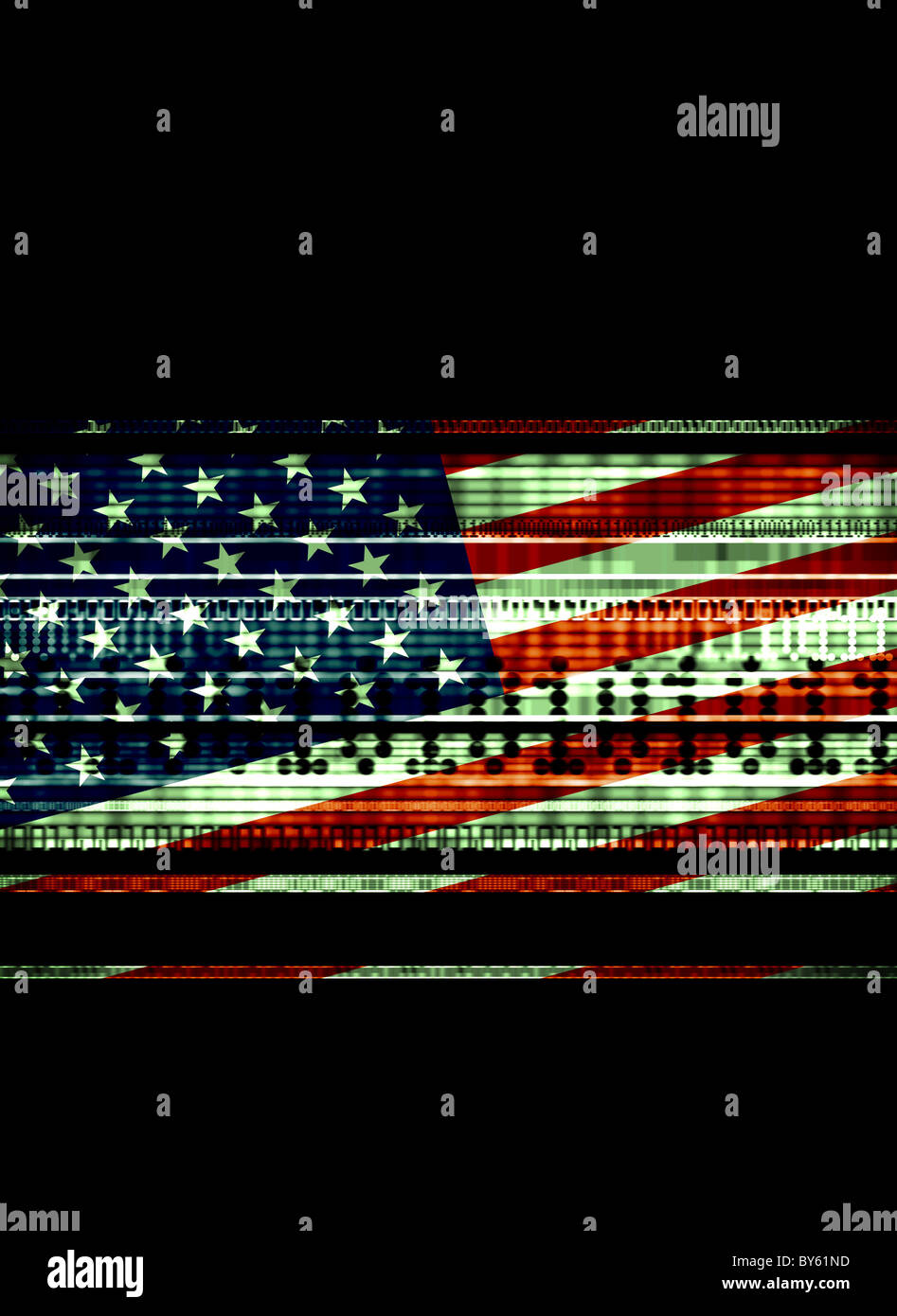 US-Flagge mit Daten-streams zur Veranschaulichung Datennutzung, nationale Sicherheit, Terrorismus Stockfoto