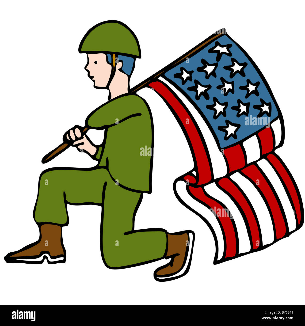 Ein Bild eines altgedienten Soldaten halten eine amerikanische Flagge. Stockfoto