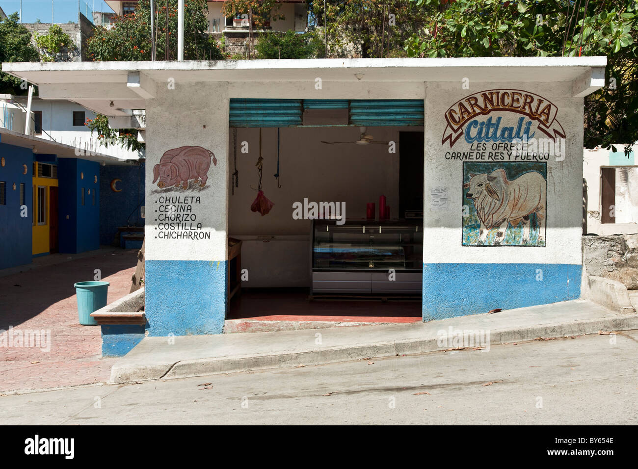 bunte Metzgerei Carnceria mit schönen Wandmalereien von Schwein & Kuh auf beiden Seiten des öffnen Tür Puerto Angel Mexiko Stockfoto