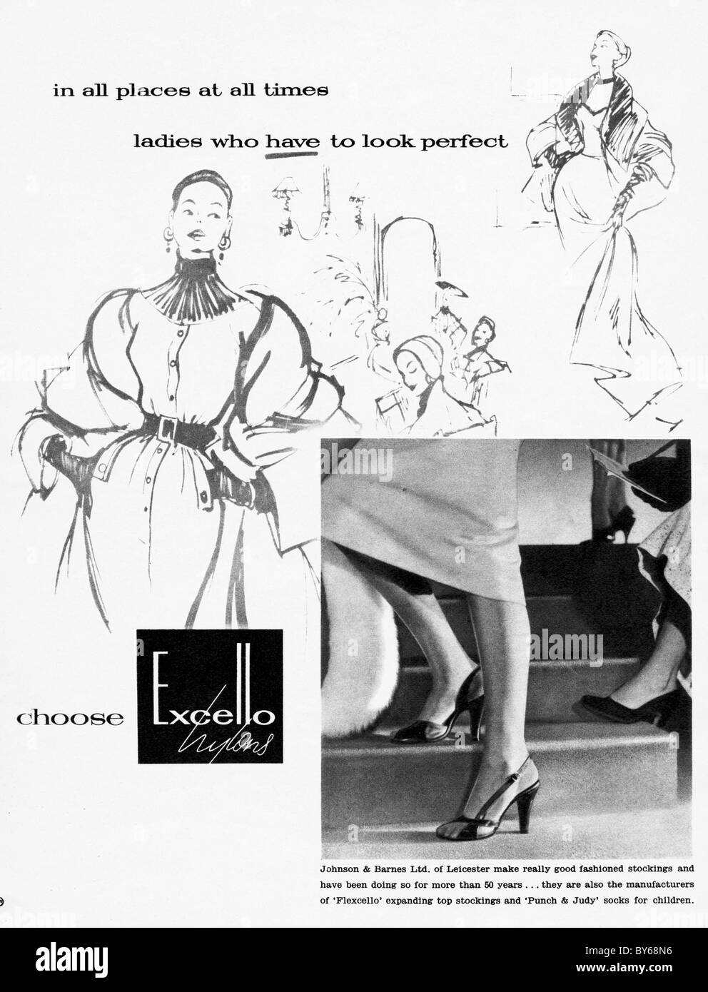 1950er Jahren Anzeige in Damenmode-Magazin für Excello Nylon Strümpfe Strumpfhosen Stockfoto