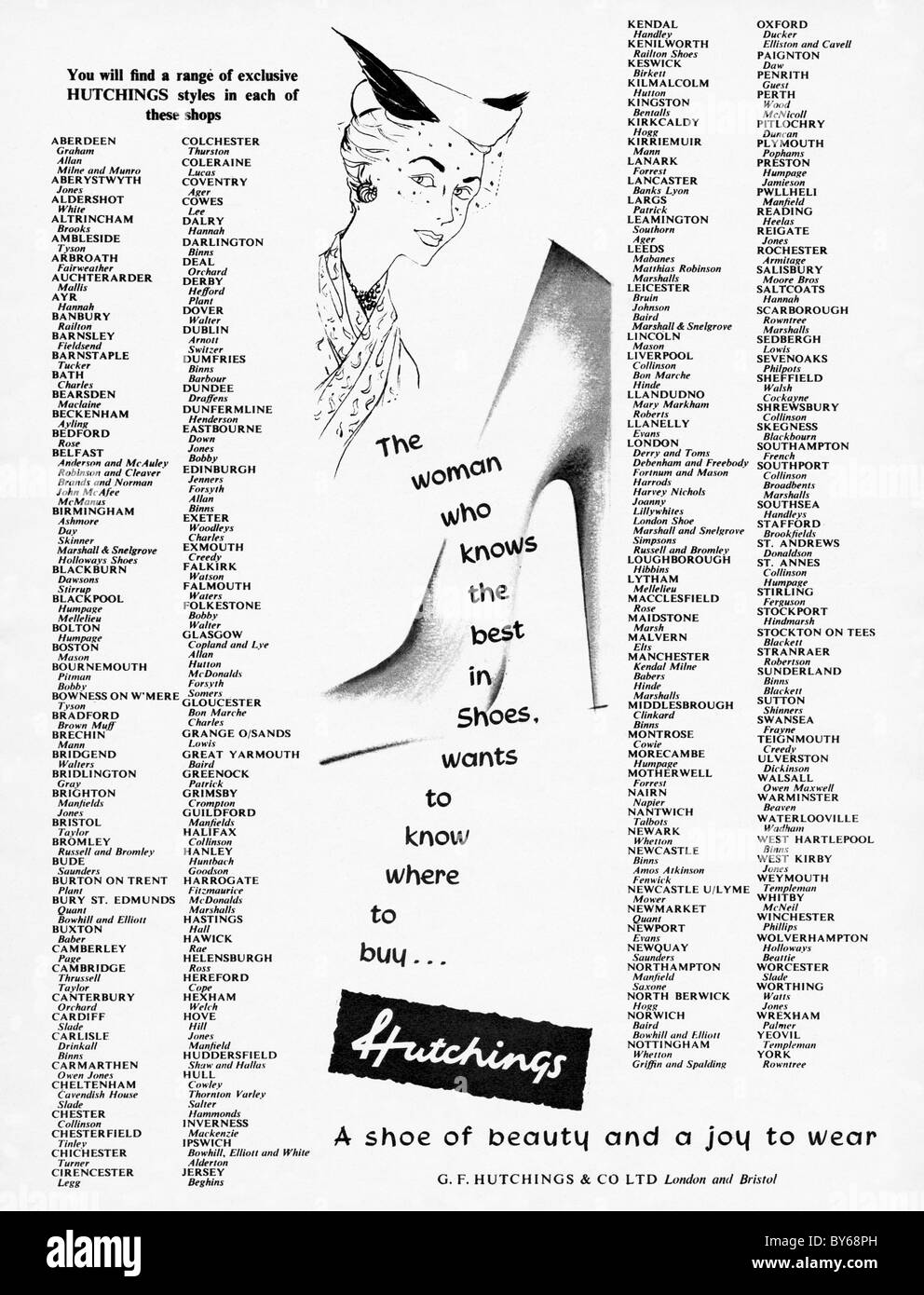 1950er Jahre ganzseitige Anzeige in Zeitschrift für Hutchings Schuhe Damenmode Stockfoto