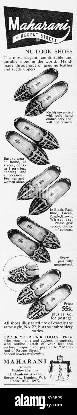 1950er Jahren Anzeige in Zeitschrift für Maharani Nu-Look Schuhe Damenmode Stockfoto