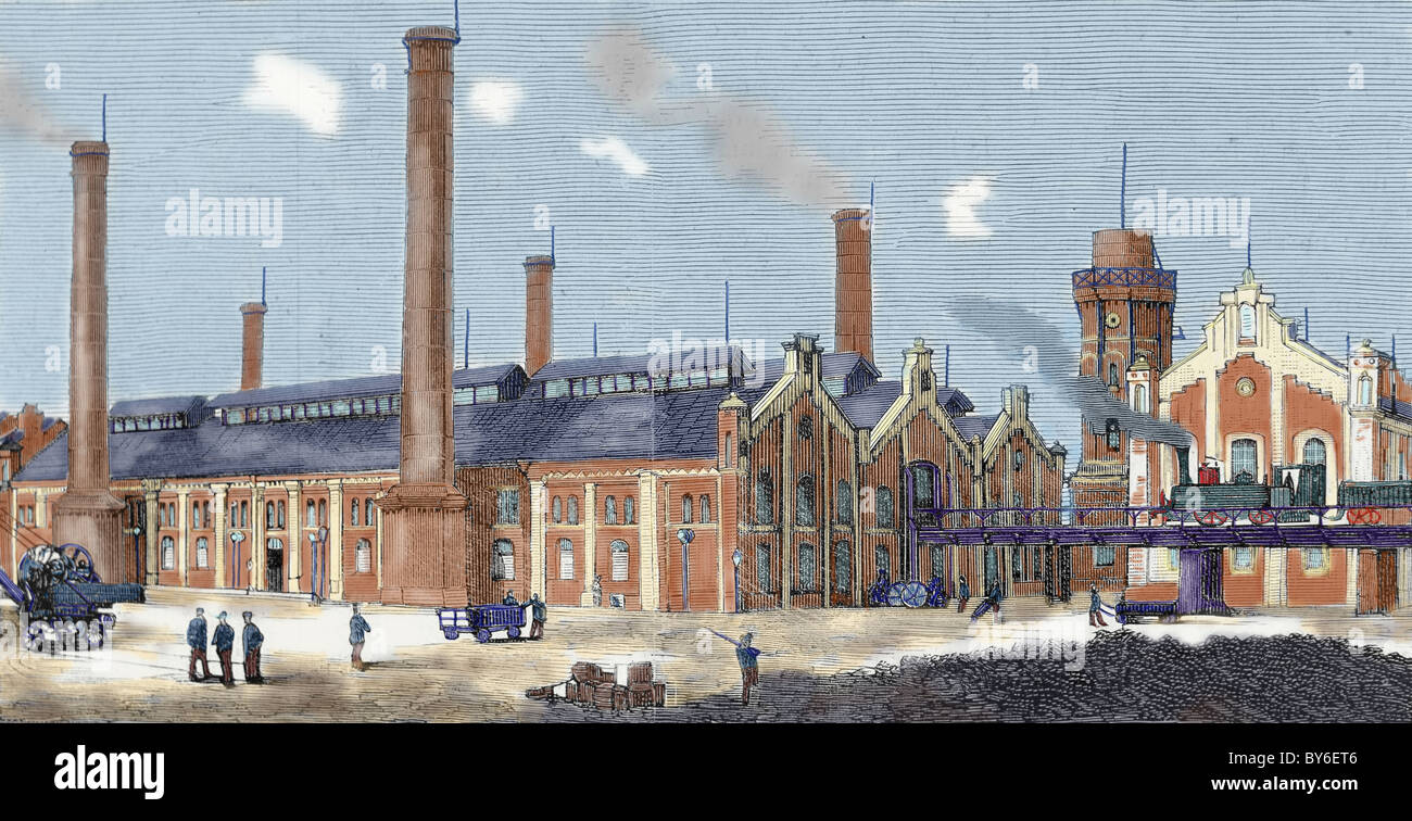 Gas-Anlage. Köln. Deutschland. Farbiger Kupferstich aus dem Jahr 1879. Stockfoto