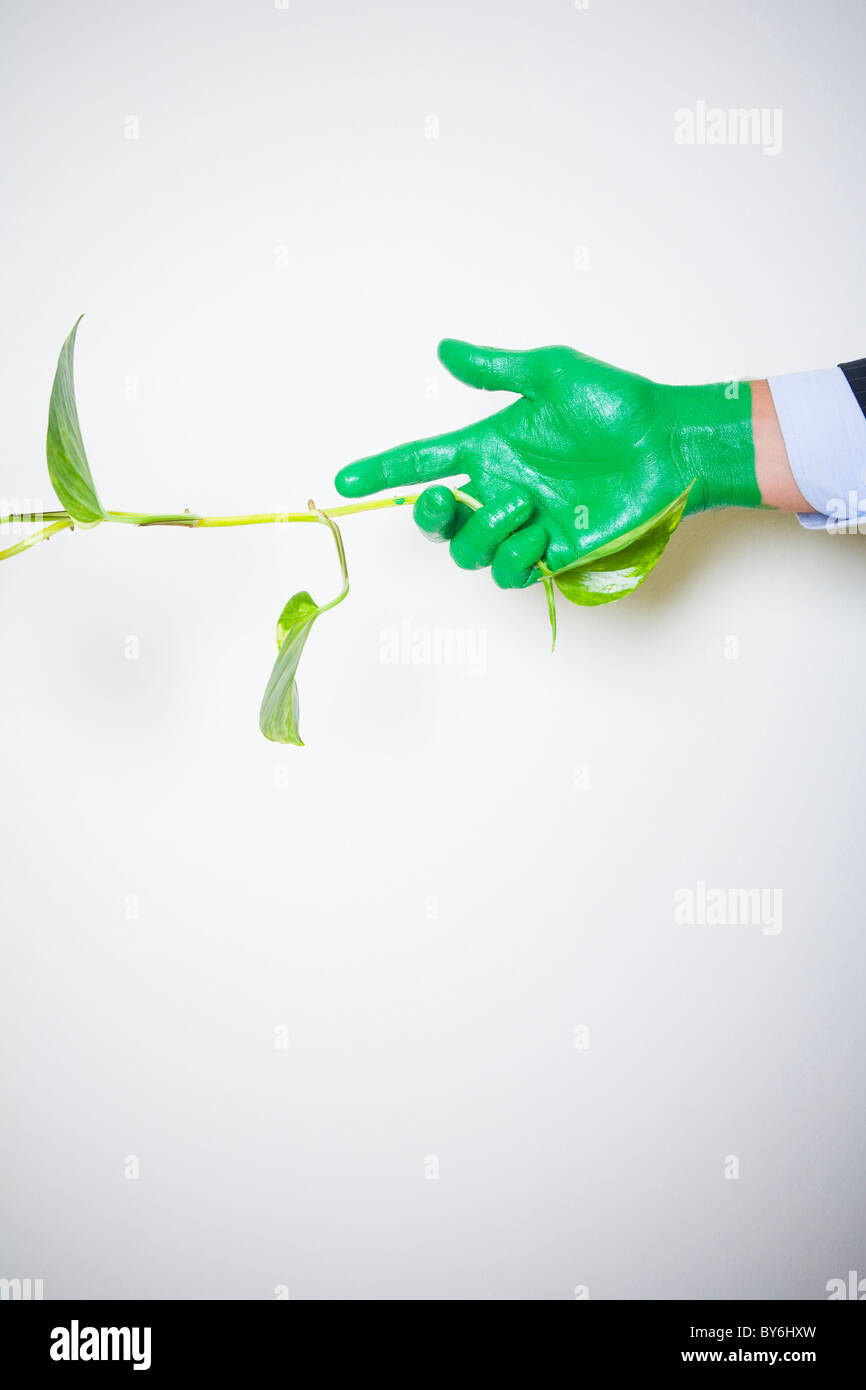 Grüne Hand schütteln auf sie mit einer Pflanze. Stockfoto