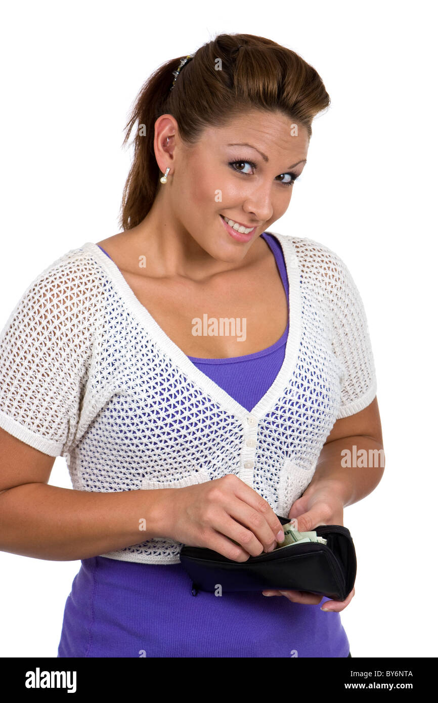 Frau, etwa um einen Kauf zu tätigen greift in ihre Handtasche zu ihrem Geld abheben. Stockfoto
