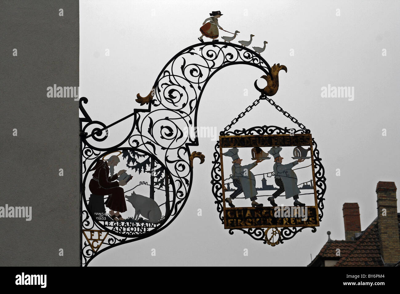 Alsace Weinstraße Colmar Frankreich Metzger Zeichen Stockfoto