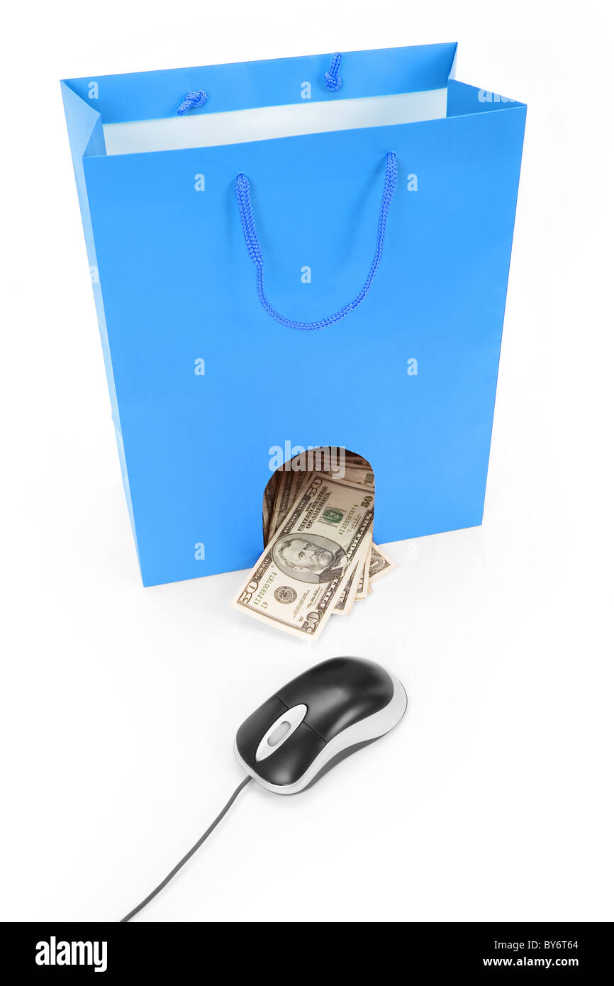 Isolierte Einkaufstasche und Computer-Maus, Konzept des e-Commerce Stockfoto