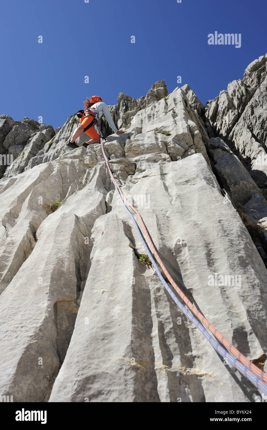 Frau, Klettern am Fels, in der Nähe von Rifugio Rossi, Pania della Croce, Toskana, Italien Stockfoto