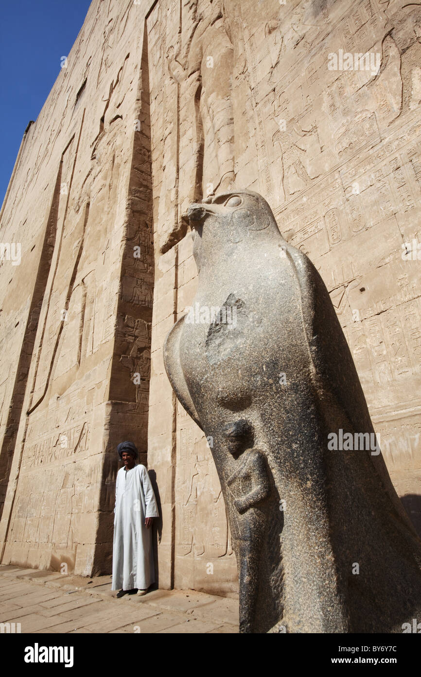 Statue des Horus am Eingang des Tempels des Horus Tempel von Edfu Edfu, Ägypten, Afrika Stockfoto