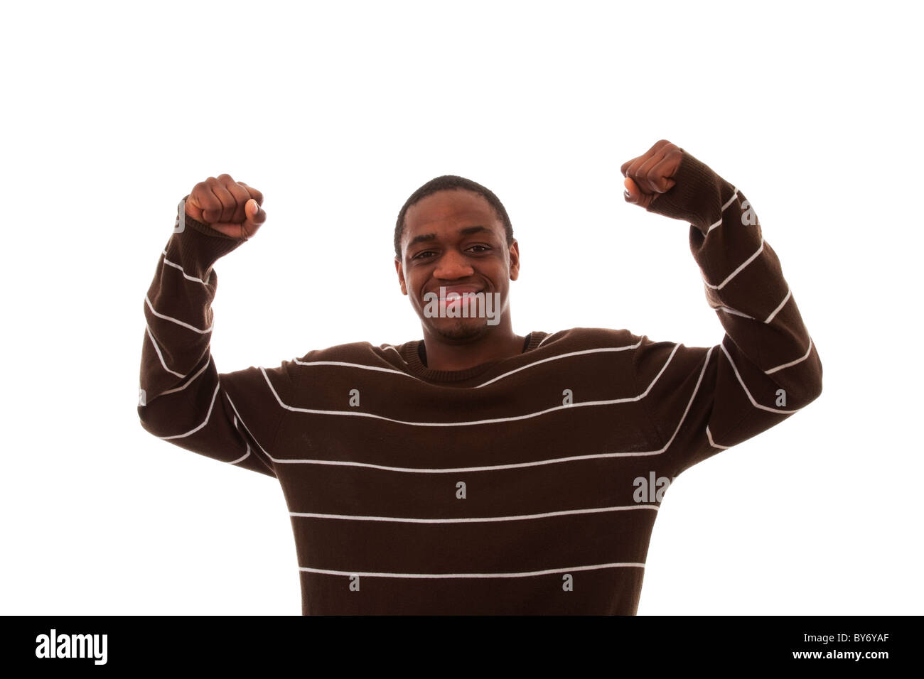 junge afrikanische Männer zeigt sein Glück (isoliert auf weiss) Stockfoto